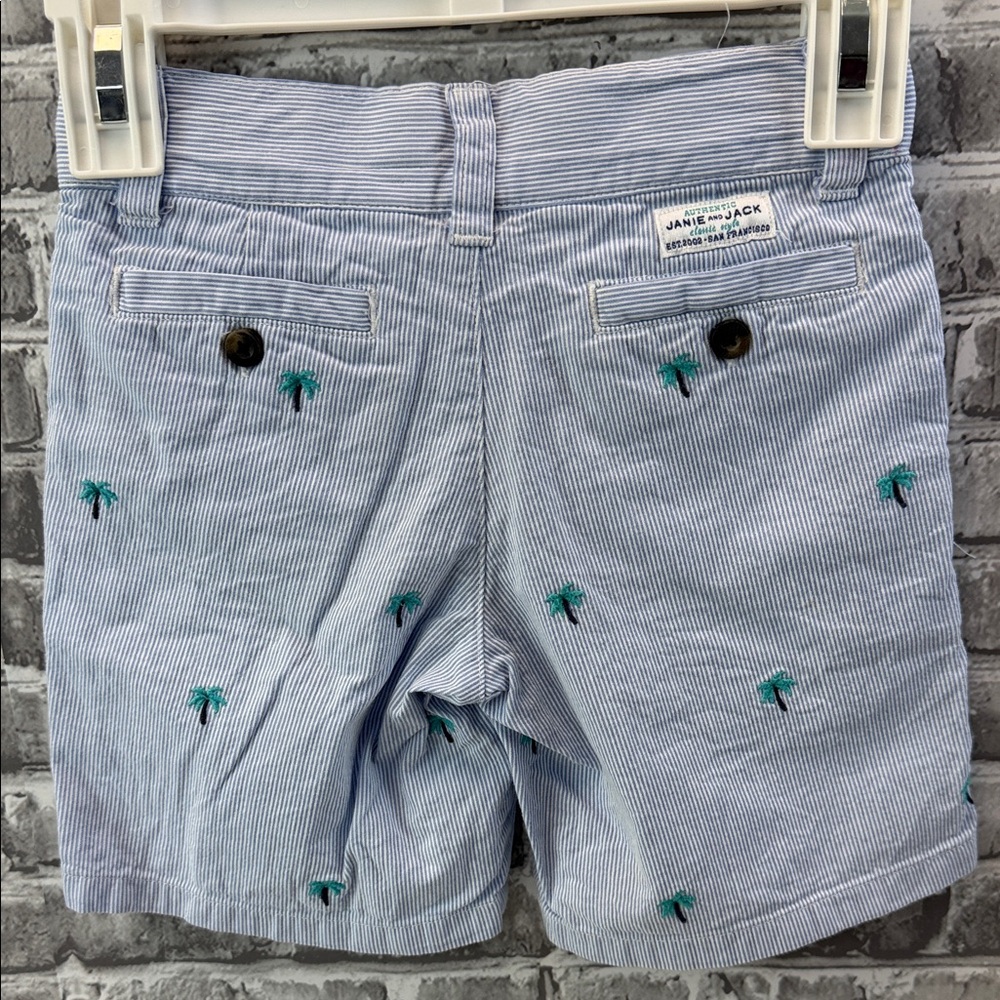 Janie and Jack Light Blue Seersucker Shorts with Teal Palm Embroidery
